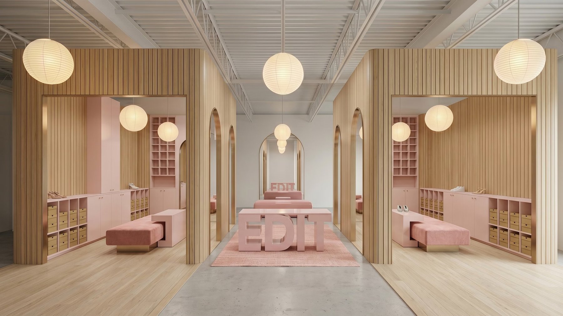 The Atrium — pink arches and paper lanterns